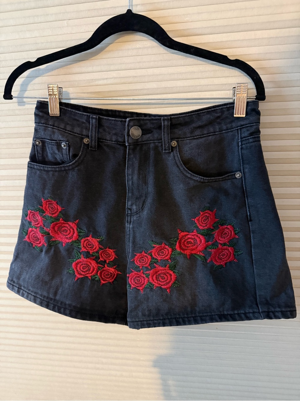 Liquor n Poker Black Denim Women's Shorts with Red Rose Embroidery size 8